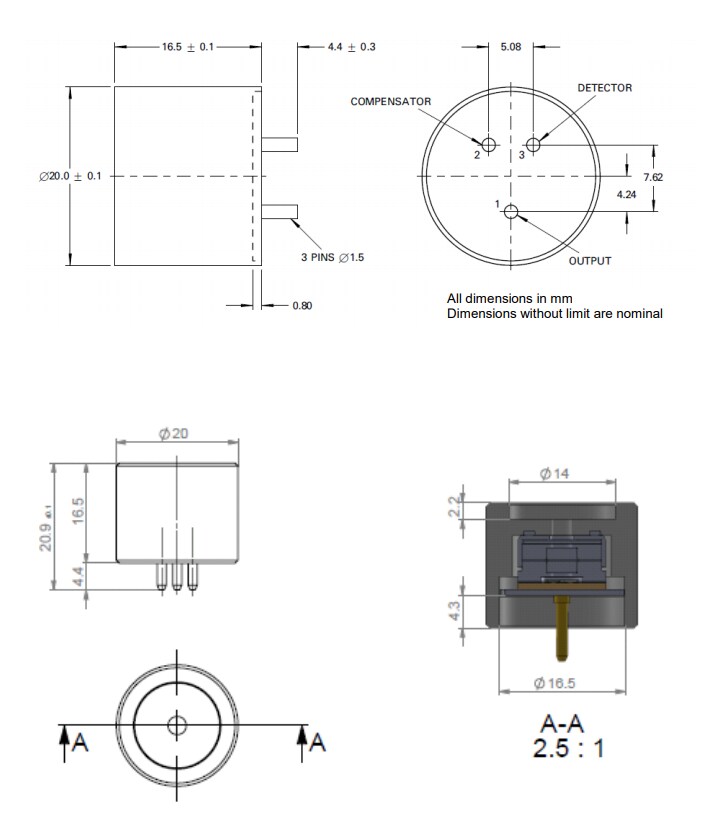 Mechanical Drawing - Amphenol SGX Sensortech VQ548MP2-DA Catalytic Combustible Gas Sensor Mechanical Drawing - Amphenol SGX Sensortech VQ548MP2-DA Catalytic Combustible Gas Sensor
