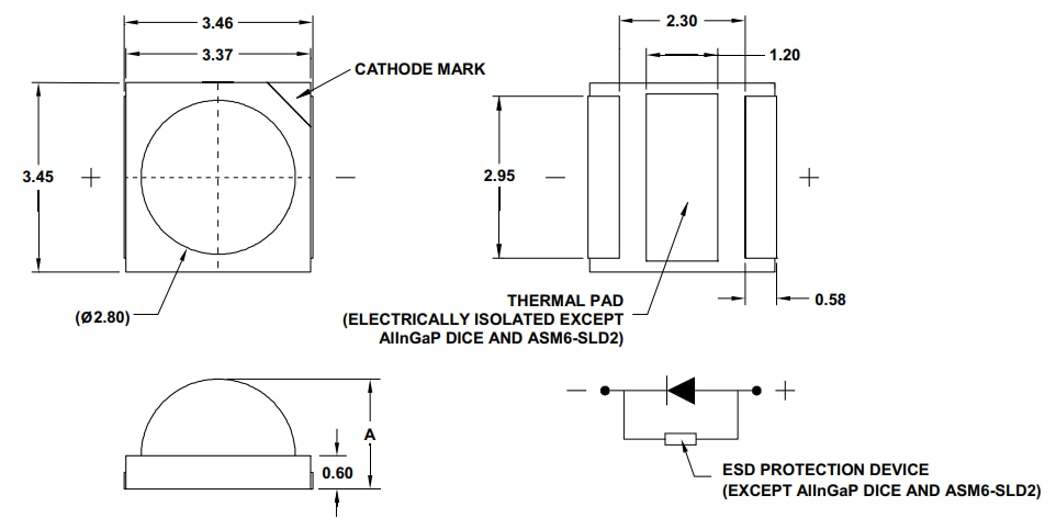 Mechanical Drawing - Broadcom ASM6-Sxx-xxH Surface Mount LEDs Mechanical Drawing - Broadcom ASM6-Sxx-xxH Surface Mount LEDs